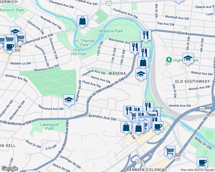 map of restaurants, bars, coffee shops, grocery stores, and more near 1511 Main St SW in Roanoke