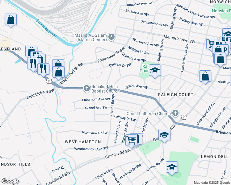 map of restaurants, bars, coffee shops, grocery stores, and more near 2526 Brandon Avenue Southwest in Roanoke