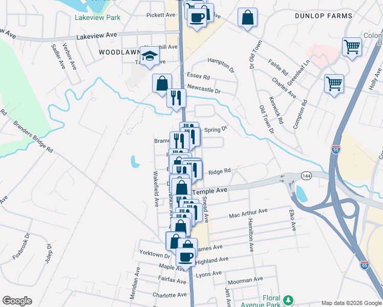 map of restaurants, bars, coffee shops, grocery stores, and more near 2225 Boulevard in Colonial Heights