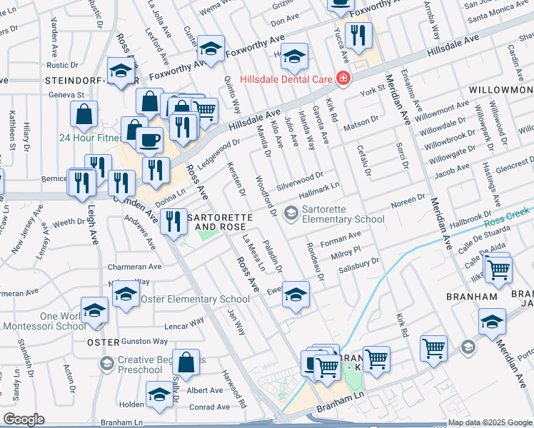 map of restaurants, bars, coffee shops, grocery stores, and more near 3825 Woodford Drive in San Jose