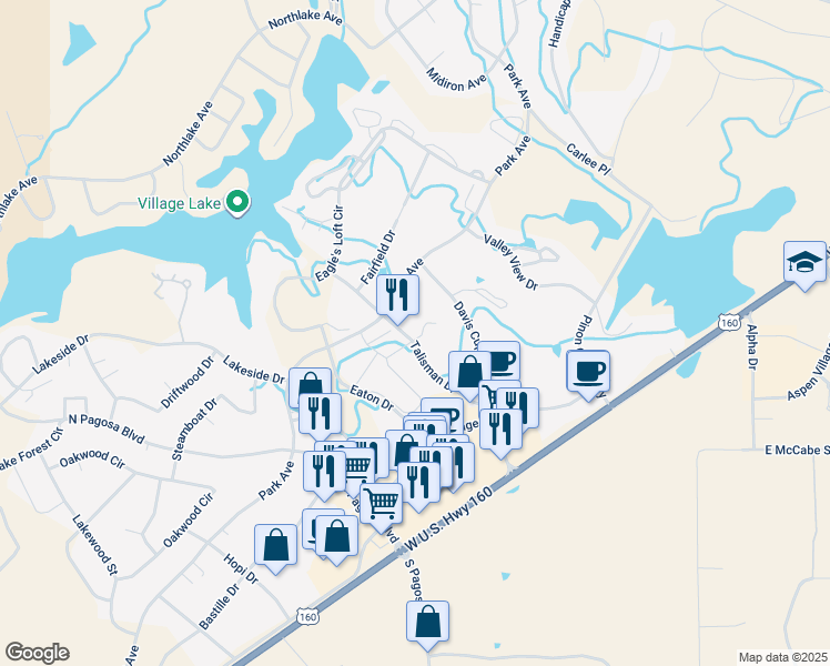 map of restaurants, bars, coffee shops, grocery stores, and more near 302 Talisman Drive in Pagosa Springs
