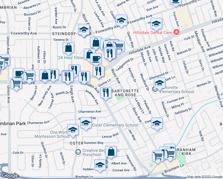 map of restaurants, bars, coffee shops, grocery stores, and more near 1800 Bradford Way in San Jose