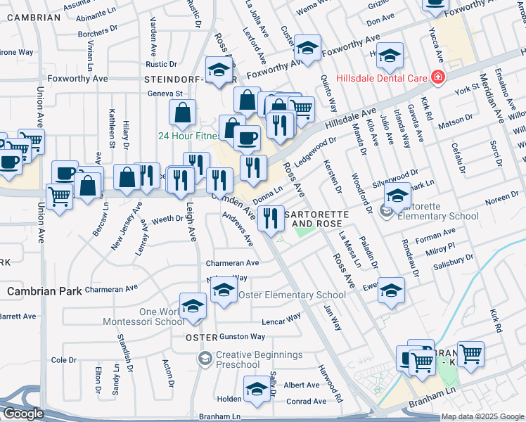 map of restaurants, bars, coffee shops, grocery stores, and more near 1832 Hillsdale Avenue in San Jose