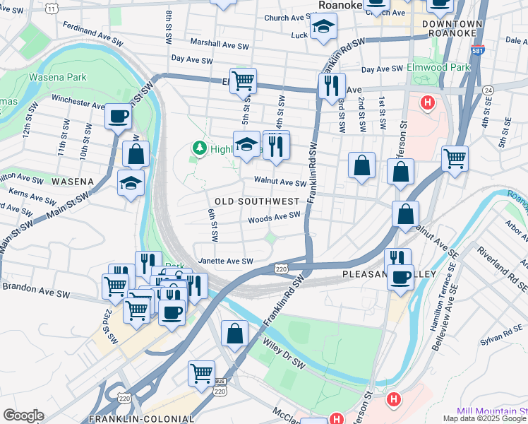 map of restaurants, bars, coffee shops, grocery stores, and more near in Roanoke