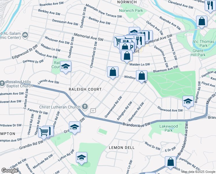 map of restaurants, bars, coffee shops, grocery stores, and more near 1700-1798 Brunswick Street Southwest in Roanoke