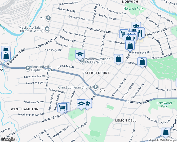 map of restaurants, bars, coffee shops, grocery stores, and more near 1838 Arden Road Southwest in Roanoke