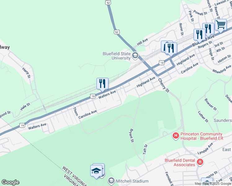map of restaurants, bars, coffee shops, grocery stores, and more near 1611 Bluefield Avenue in Bluefield