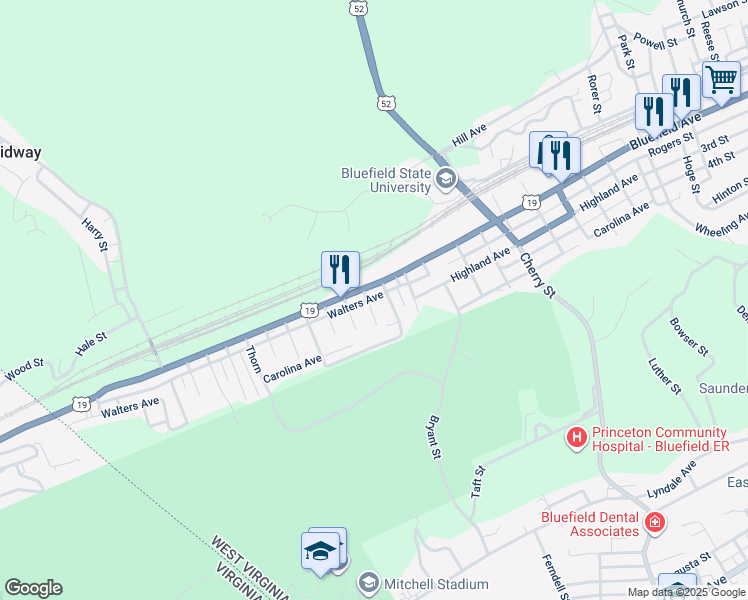 map of restaurants, bars, coffee shops, grocery stores, and more near 1642 Bluefield Avenue in Bluefield
