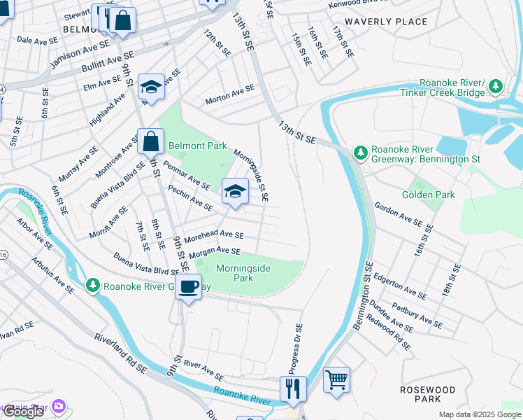 map of restaurants, bars, coffee shops, grocery stores, and more near 1239 Penmar Avenue Southeast in Roanoke