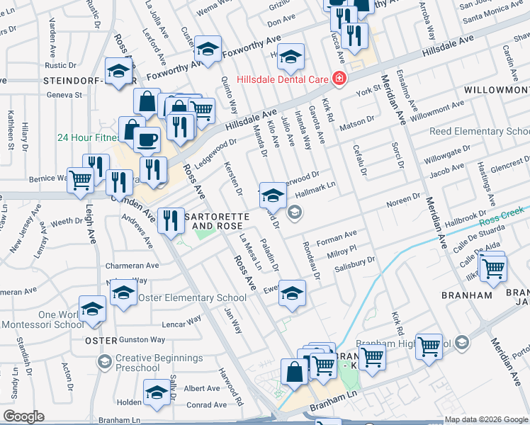 map of restaurants, bars, coffee shops, grocery stores, and more near 3825 Woodford Drive in San Jose