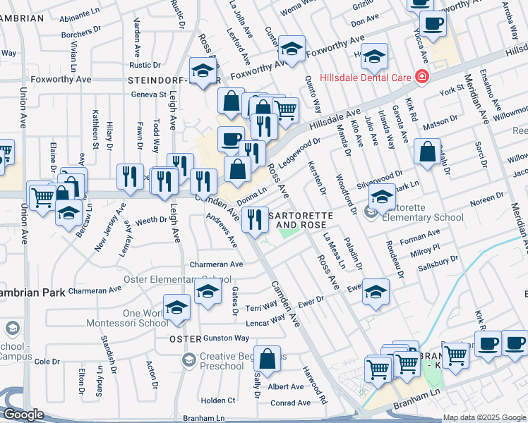 map of restaurants, bars, coffee shops, grocery stores, and more near 1800 Bradford Way in San Jose