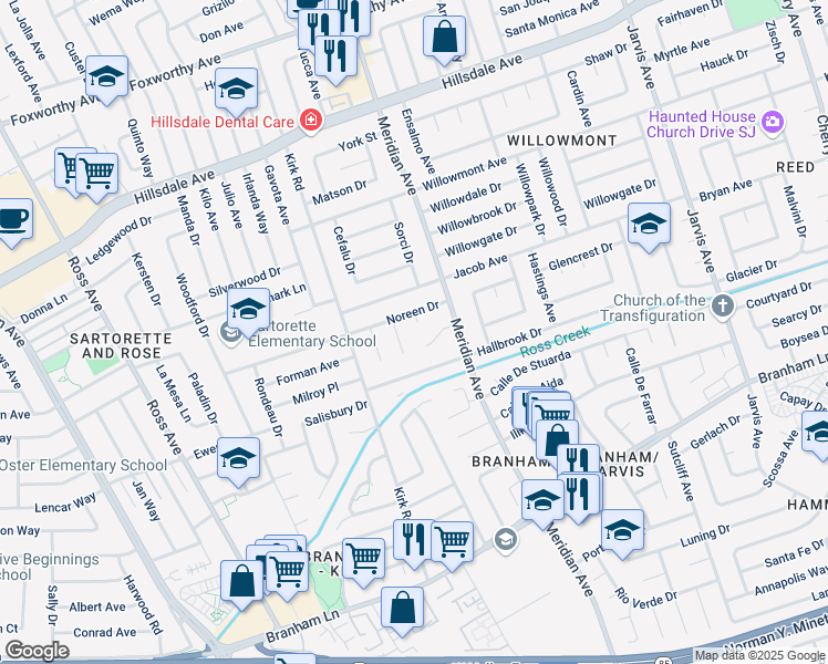 map of restaurants, bars, coffee shops, grocery stores, and more near 1619 Noreen Drive in San Jose