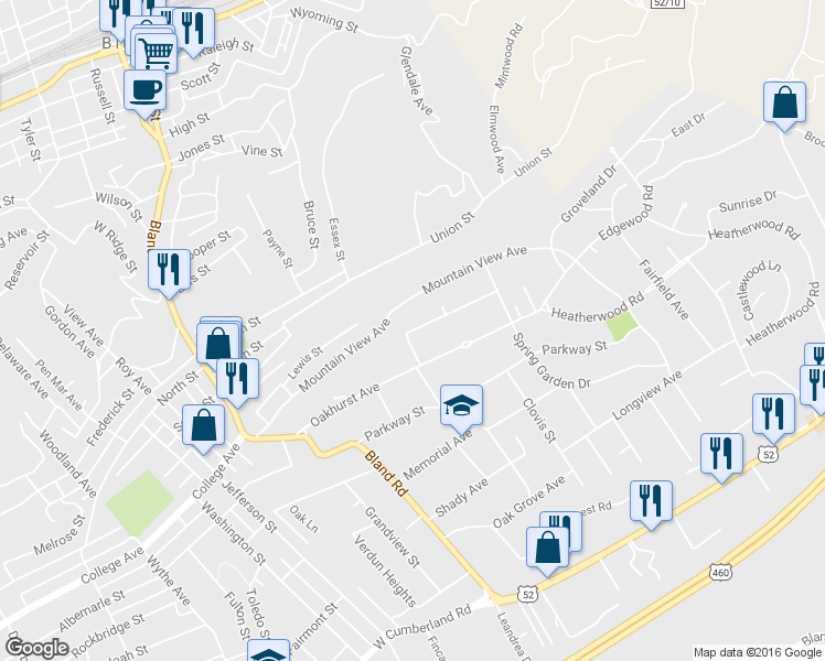 map of restaurants, bars, coffee shops, grocery stores, and more near 417 Monterey Hill Road in Bluefield