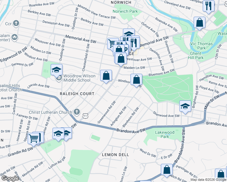 map of restaurants, bars, coffee shops, grocery stores, and more near 1730 Grandin Road Southwest in Roanoke