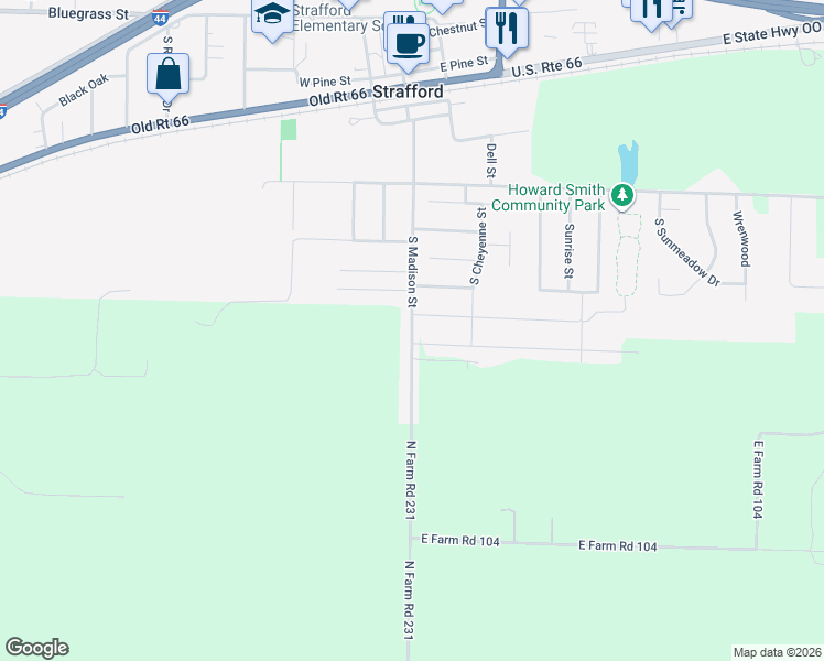 map of restaurants, bars, coffee shops, grocery stores, and more near 713 S Madison St in Strafford