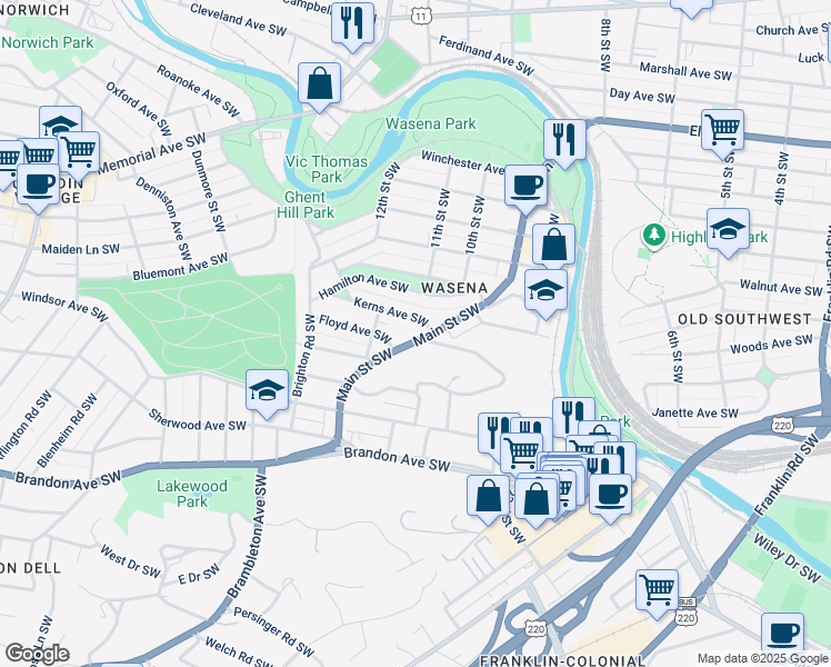 map of restaurants, bars, coffee shops, grocery stores, and more near 1511 Main St SW in Roanoke