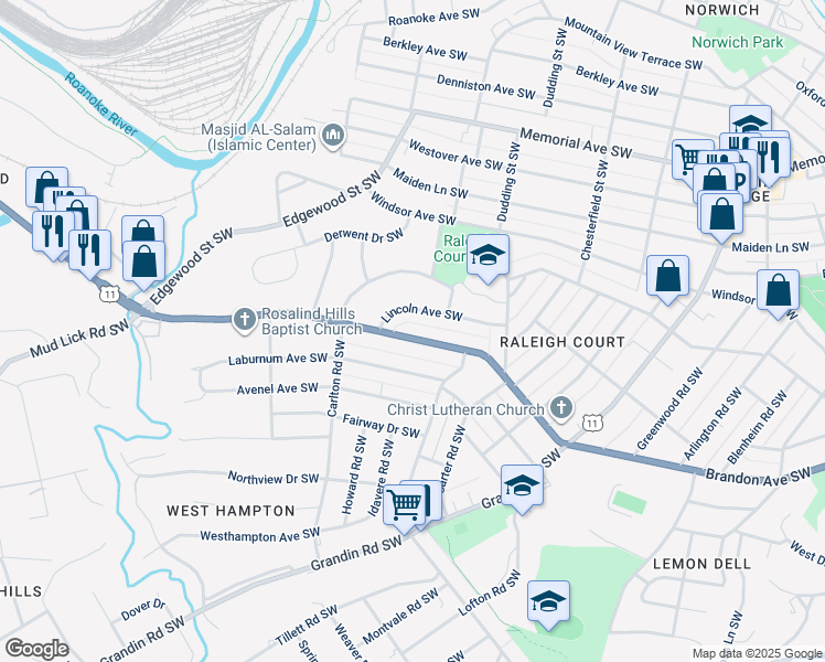 map of restaurants, bars, coffee shops, grocery stores, and more near 2407 Brandon Avenue Southwest in Roanoke