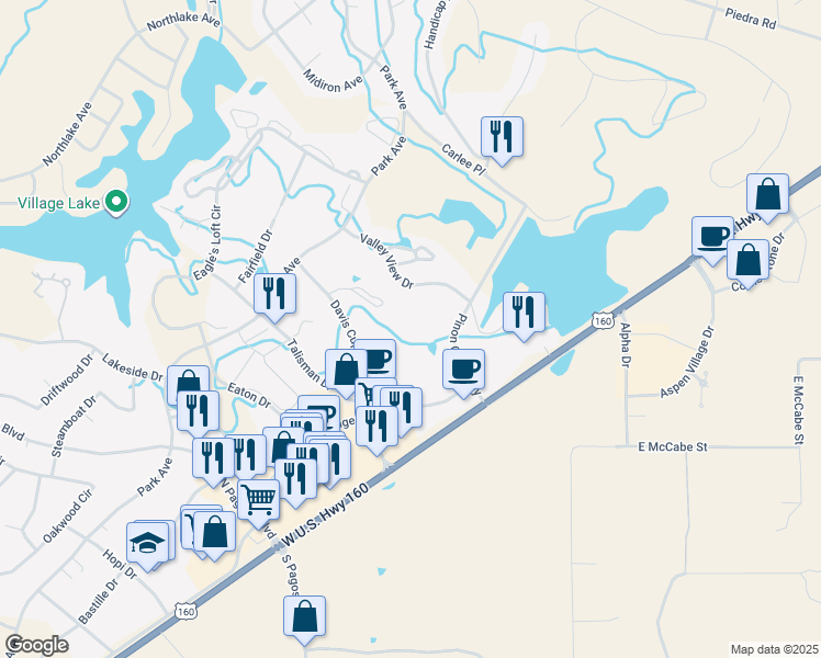 map of restaurants, bars, coffee shops, grocery stores, and more near 164 Valley View Drive in Pagosa Springs