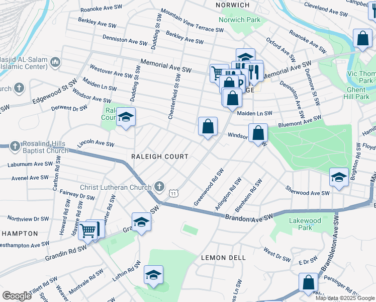 map of restaurants, bars, coffee shops, grocery stores, and more near 1811 Belleville Road Southwest in Roanoke
