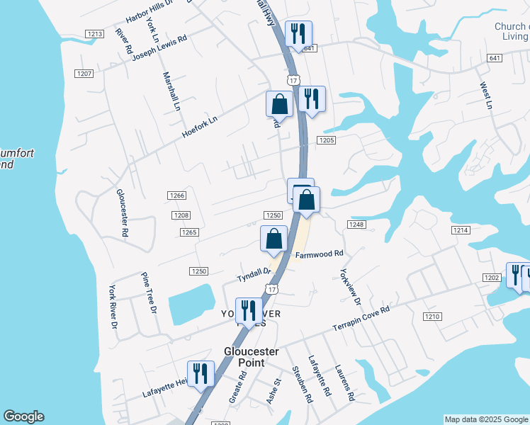 map of restaurants, bars, coffee shops, grocery stores, and more near 7616 Green Drive in Gloucester Point