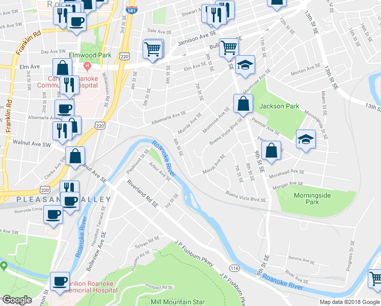 map of restaurants, bars, coffee shops, grocery stores, and more near 1222 6th Street Southeast in Roanoke