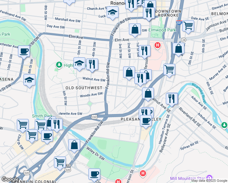 map of restaurants, bars, coffee shops, grocery stores, and more near 1301 3rd Street Southwest in Roanoke
