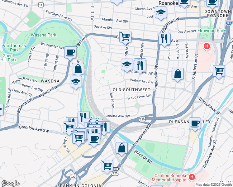 map of restaurants, bars, coffee shops, grocery stores, and more near 513 Allison Avenue Southwest in Roanoke