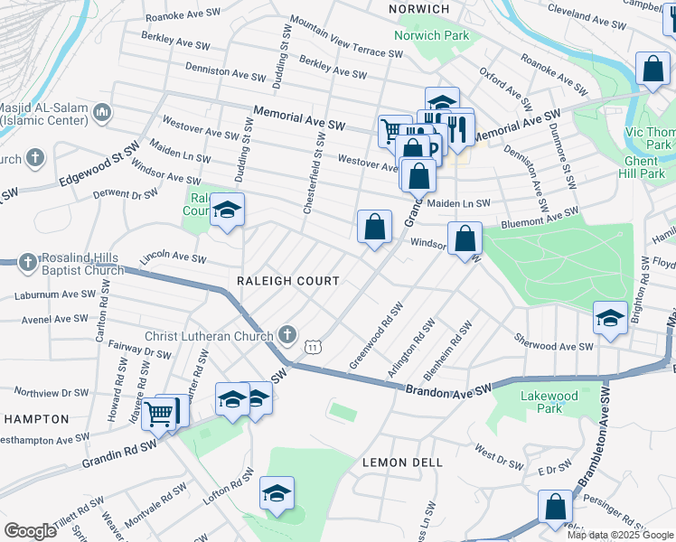 map of restaurants, bars, coffee shops, grocery stores, and more near 1811 Belleville Road Southwest in Roanoke