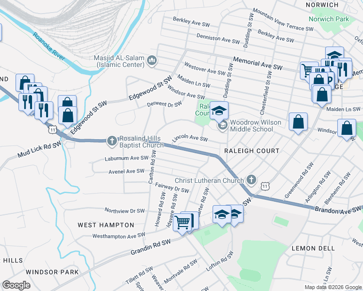 map of restaurants, bars, coffee shops, grocery stores, and more near 2430 Lincoln Avenue Southwest in Roanoke