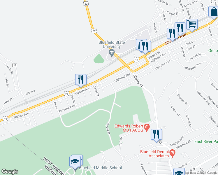 map of restaurants, bars, coffee shops, grocery stores, and more near 1508 Highland Avenue in Bluefield