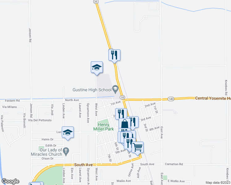 map of restaurants, bars, coffee shops, grocery stores, and more near 501 North Avenue in Gustine