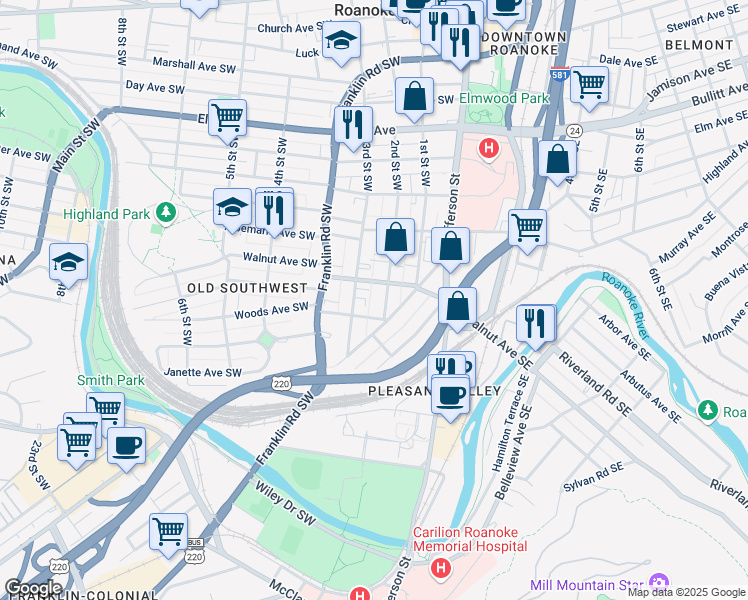 map of restaurants, bars, coffee shops, grocery stores, and more near 1302 2nd Street Southwest in Roanoke