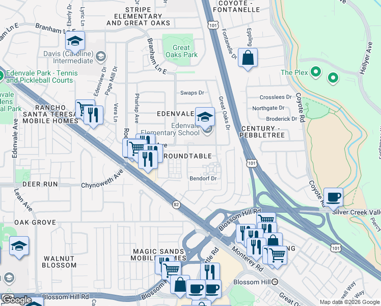 map of restaurants, bars, coffee shops, grocery stores, and more near 159 Roundtable Drive in San Jose