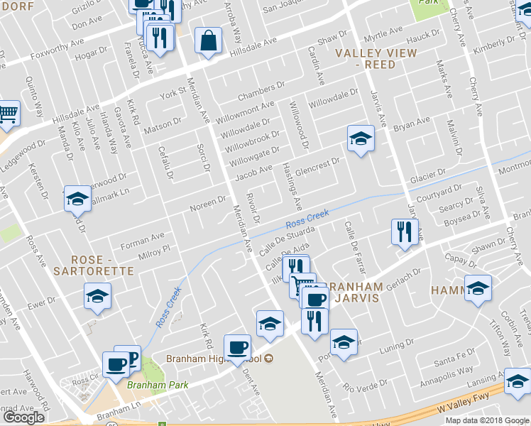 map of restaurants, bars, coffee shops, grocery stores, and more near 1580 Silvercrest Drive in San Jose