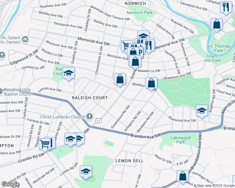 map of restaurants, bars, coffee shops, grocery stores, and more near 1700-1798 Brunswick Street Southwest in Roanoke