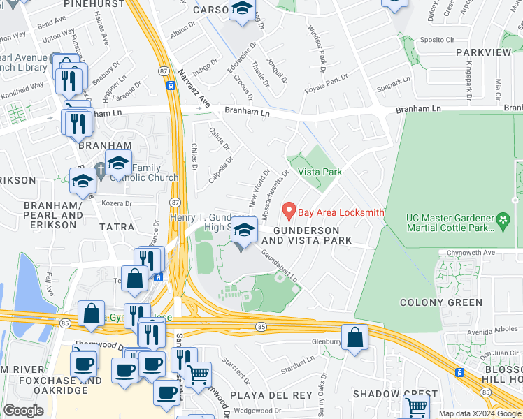 map of restaurants, bars, coffee shops, grocery stores, and more near 4999 Massachusetts Drive in San Jose
