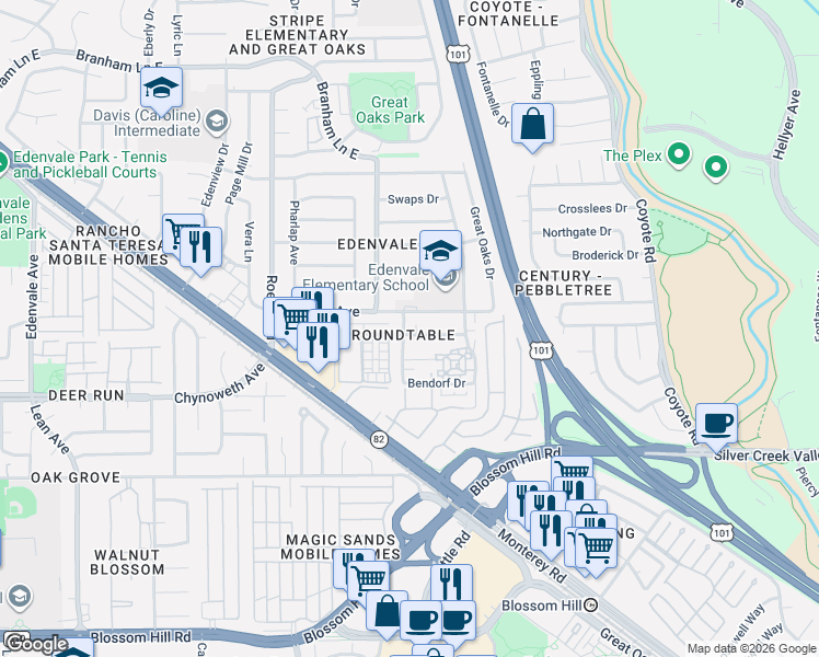 map of restaurants, bars, coffee shops, grocery stores, and more near 159 Roundtable Drive in San Jose
