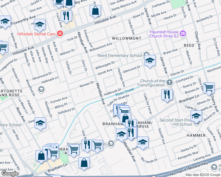 map of restaurants, bars, coffee shops, grocery stores, and more near 1580 Silvercrest Drive in San Jose