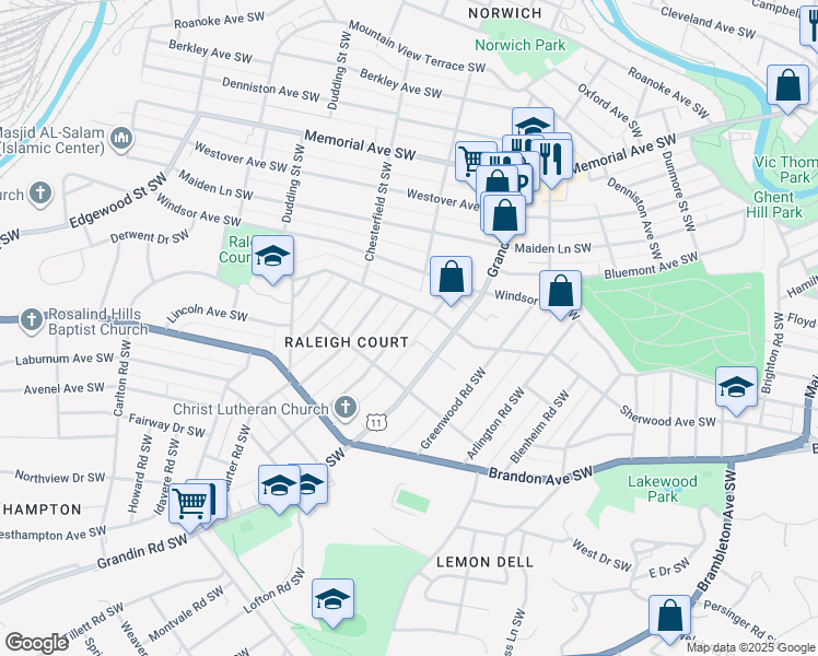 map of restaurants, bars, coffee shops, grocery stores, and more near 1811 Belleville Road Southwest in Roanoke
