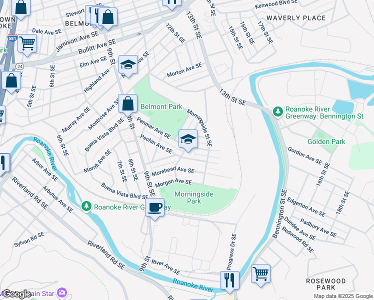 map of restaurants, bars, coffee shops, grocery stores, and more near 1201 Penmar Avenue Southeast in Roanoke