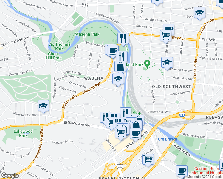 map of restaurants, bars, coffee shops, grocery stores, and more near 827 Kerns Avenue Southwest in Roanoke