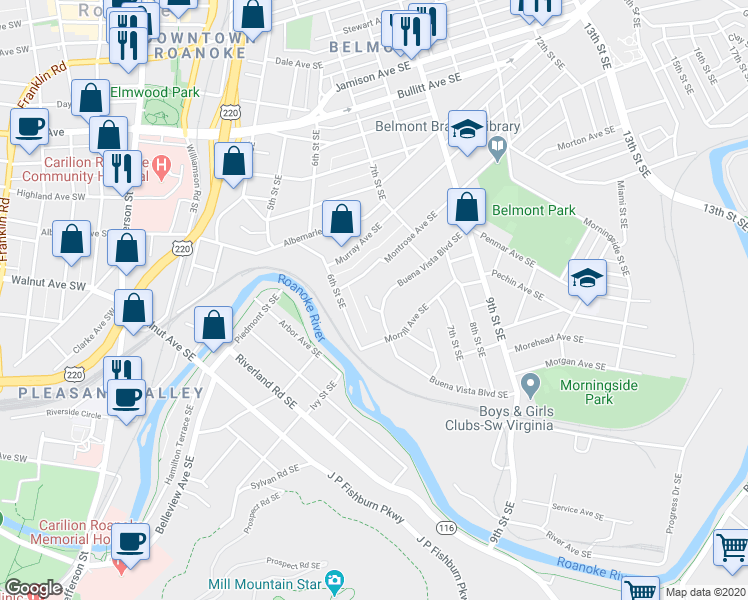 map of restaurants, bars, coffee shops, grocery stores, and more near 1328 Memphis Street Southeast in Roanoke