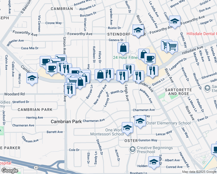 map of restaurants, bars, coffee shops, grocery stores, and more near 1910 Camden Avenue in San Jose