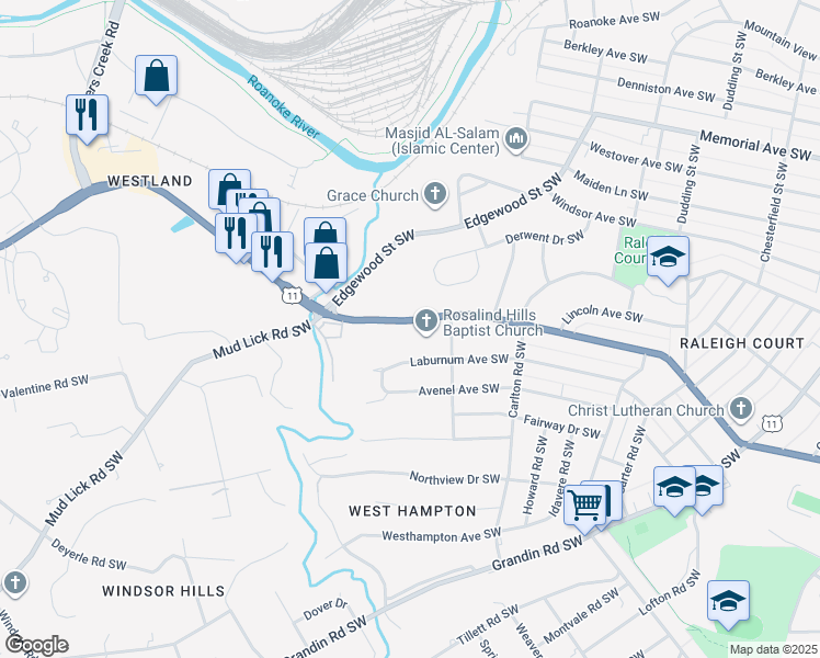 map of restaurants, bars, coffee shops, grocery stores, and more near 2755 Brandon Avenue Southwest in Roanoke