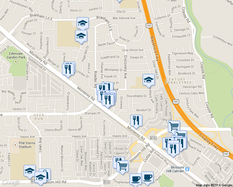 map of restaurants, bars, coffee shops, grocery stores, and more near 104 Azucar Avenue in San Jose