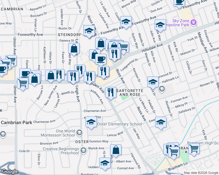 map of restaurants, bars, coffee shops, grocery stores, and more near 1800 Bradford Way in San Jose