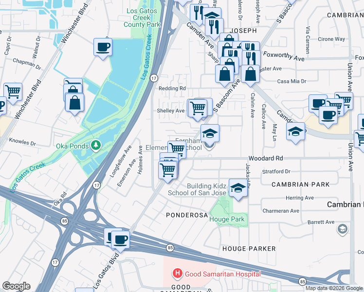 map of restaurants, bars, coffee shops, grocery stores, and more near 3685 South Bascom Avenue in Campbell