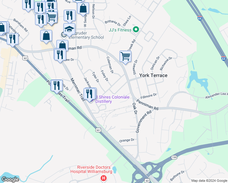map of restaurants, bars, coffee shops, grocery stores, and more near 714 Madison Road in Williamsburg