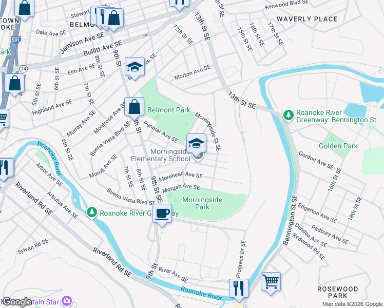 map of restaurants, bars, coffee shops, grocery stores, and more near 1650-1698 Wilson Street Southeast in Roanoke