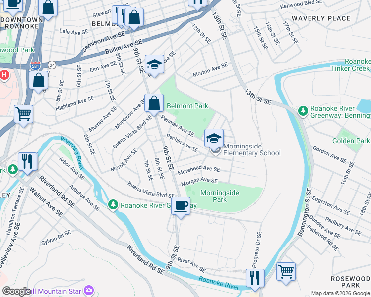 map of restaurants, bars, coffee shops, grocery stores, and more near 1071 Pechin Avenue Southeast in Roanoke